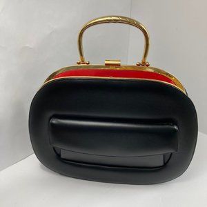 VTG Tudor Bag by Fiesta Black Leather Handbag Brass Frame/ Handle Outside Pocket